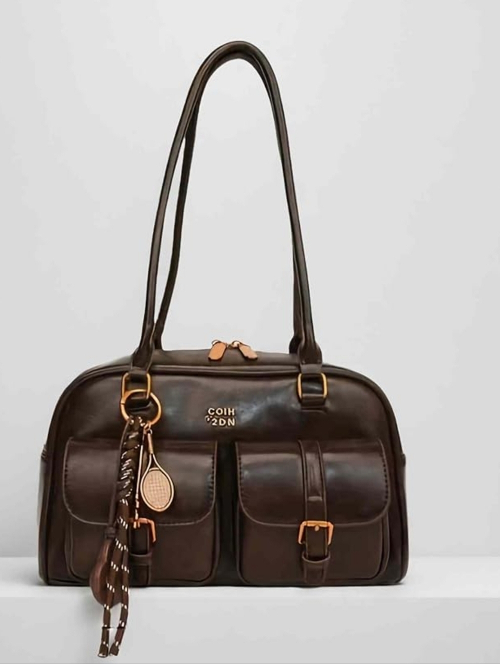 Dark Brown Women's Shoulder Bag with Front Pockets